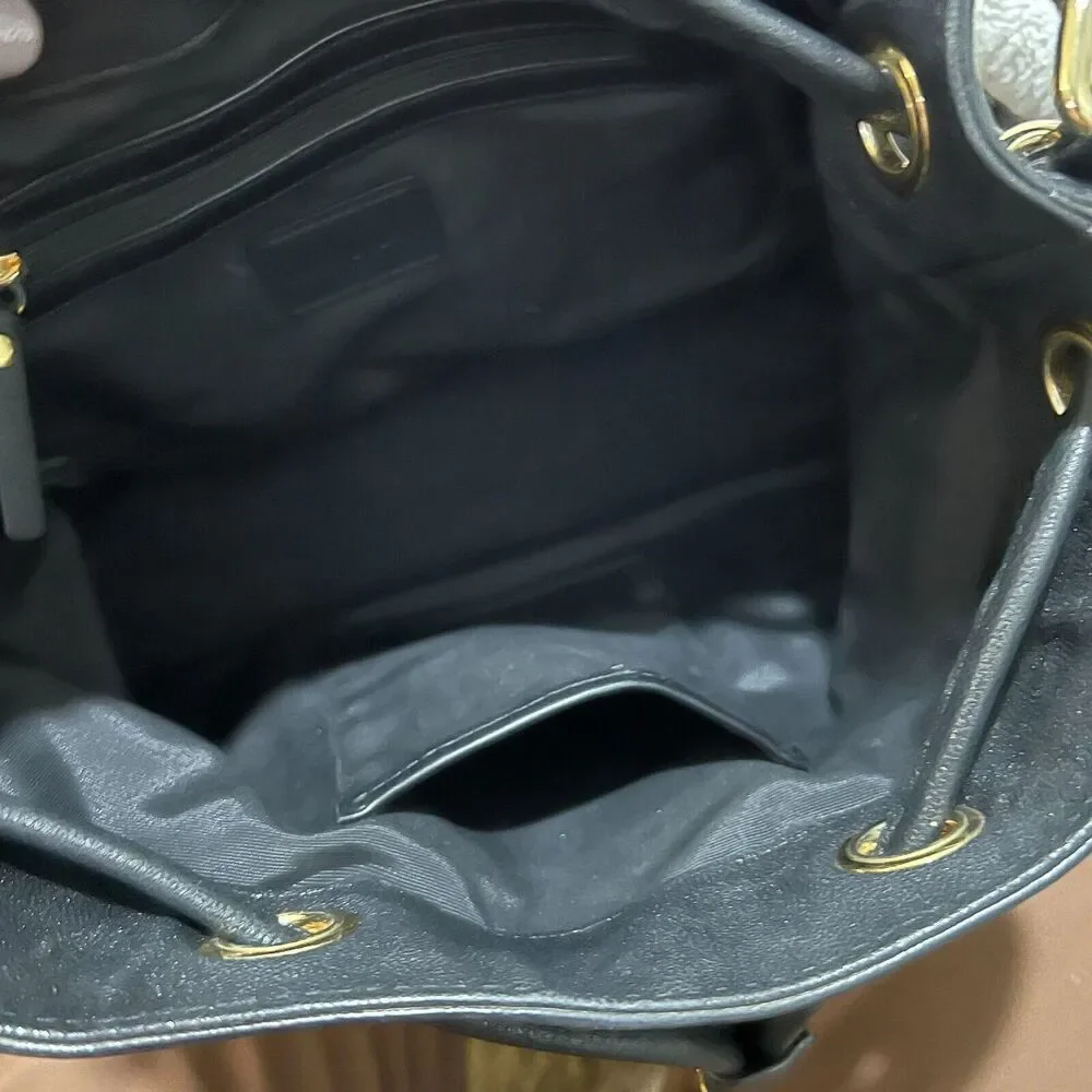 Milly Womens Black Leather Bucket Drawstring Bag Gold Crossbody Convertible